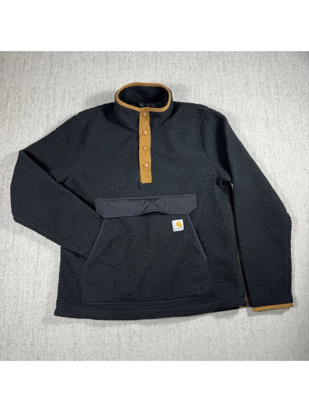 Carhartt Jacket Mens Small Black Brown Sherpa Pullover Sweater Button Snap RELAX